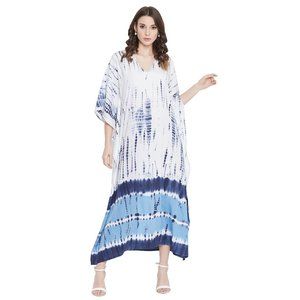 Womens  White and Blue Caftan Coverup Boho Maxi